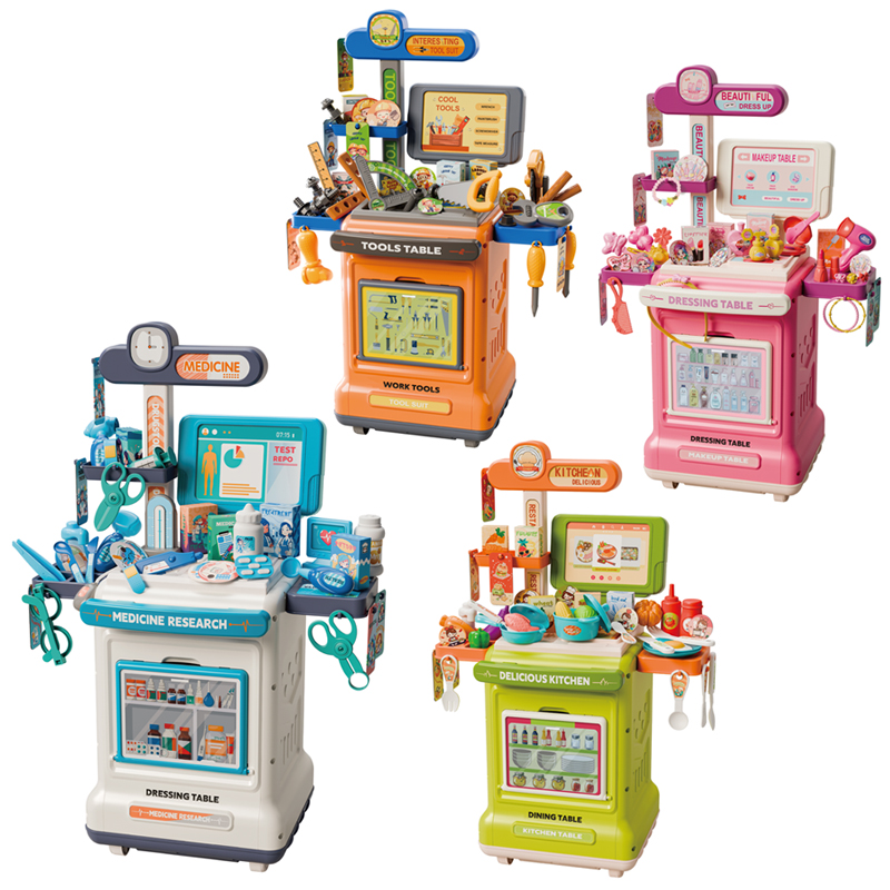 An orange tool table play set, a pink makeup play set, a white hospital play set, and a green kitchen play set