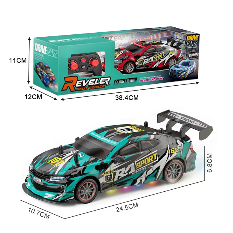 Green 2.4G R/C 4WD Drift Chevrolet Racing Car and its outer packaging dimensions