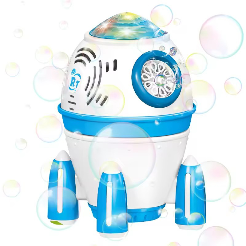 The blue rocket-shaped bubble machine is spraying lots of bubbles