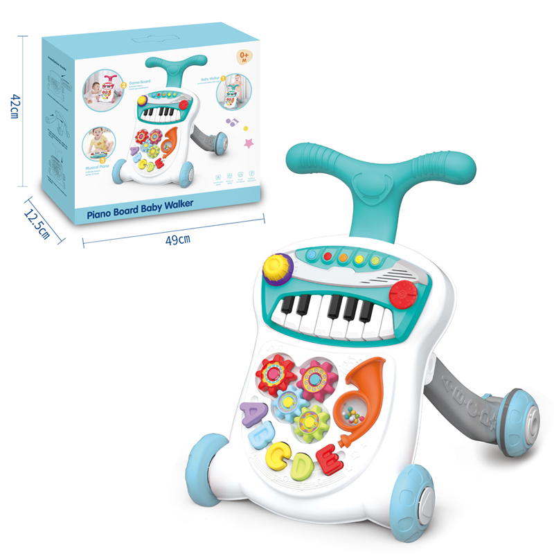 The dimensions of the cyan Piano Board Baby Walker and its outer packaging