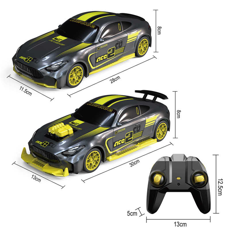 Dimensions of the black-and-yellow remote-controlled car and its remote control