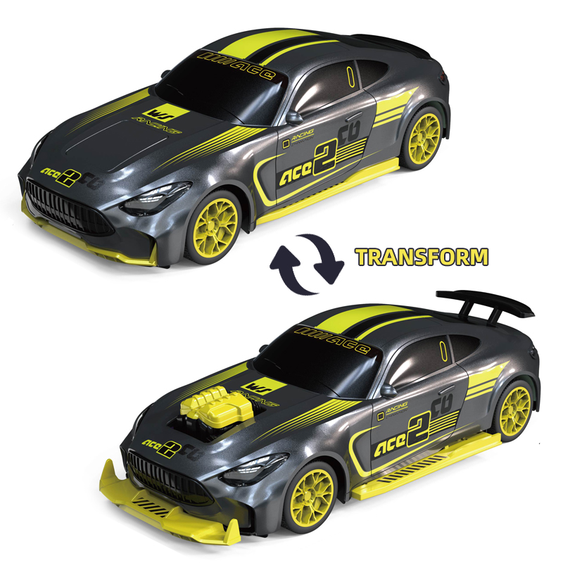 The black and yellow remote-controlled car above can be modified to look like the one below