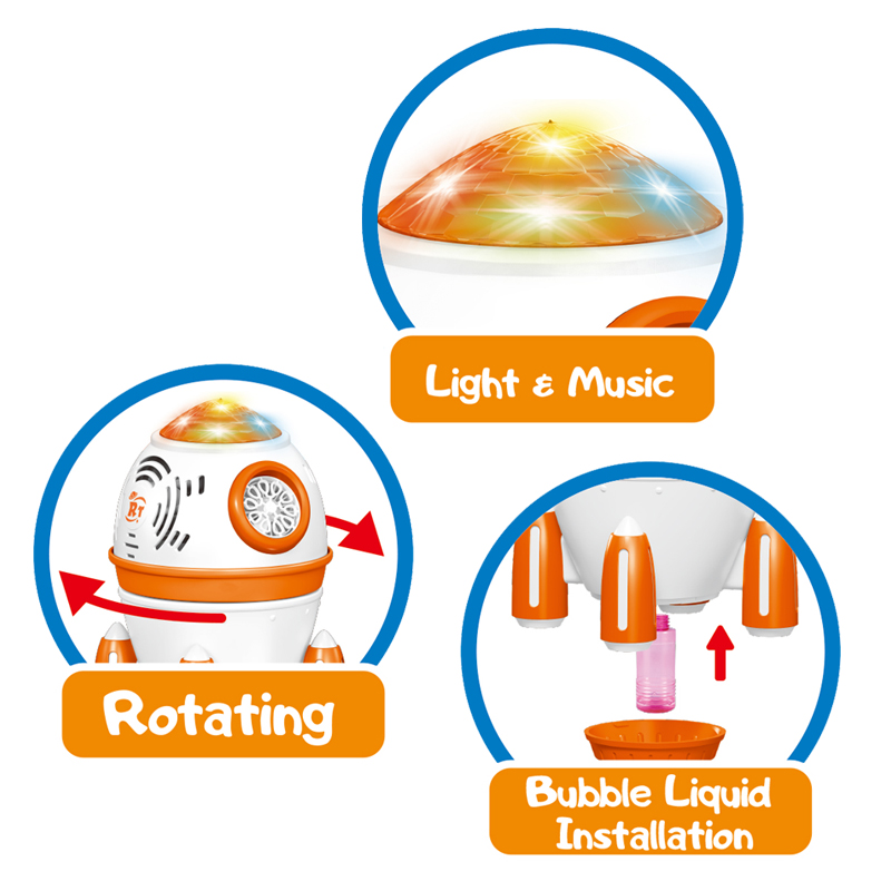The rocket bubble machine can light up and play music, rotate, and has bubble solution installed at the bottom