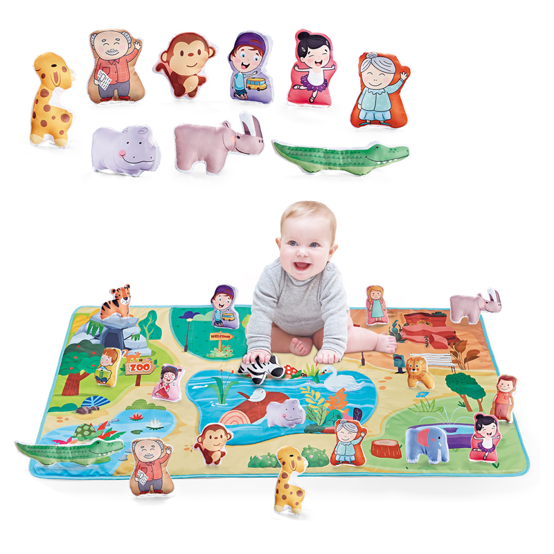 The Baby Play Mat toy set includes a variety of different toys, such as people and small animals
