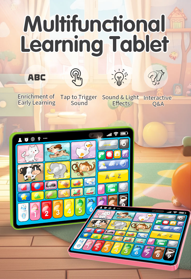 A green and pink Tablet Learning Machine sits on the floor of the children's room