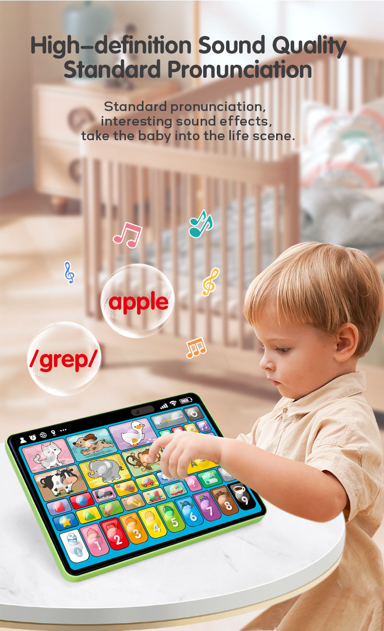 A child wearing a shirt is using a Tablet Learning Machine in the room to learn pronunciation