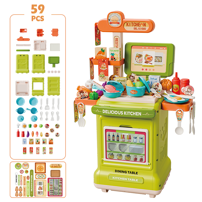 Play House Kitchen Cart Set Toy Display with 59 Pieces and Stickers