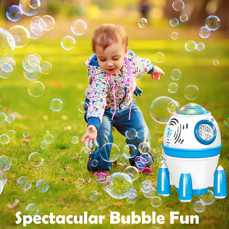 A child plays on the grass with bubbles blown from a blue rocket bubble machine