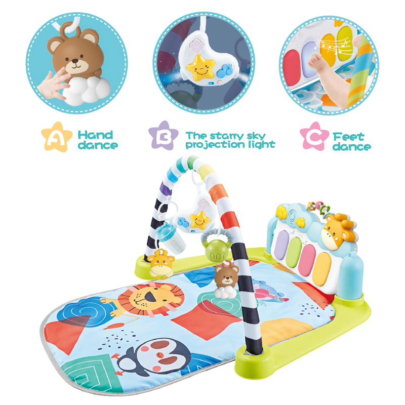 Three ways to play with the Baby Pedal Piano Fitness Blanket: hand dance, starry sky projection light, and feet dance