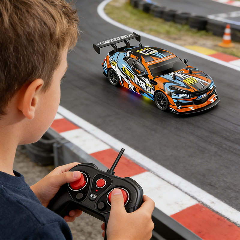A young boy is playing with an orange Drift Chevrolet Racing Car on the track using a remote control