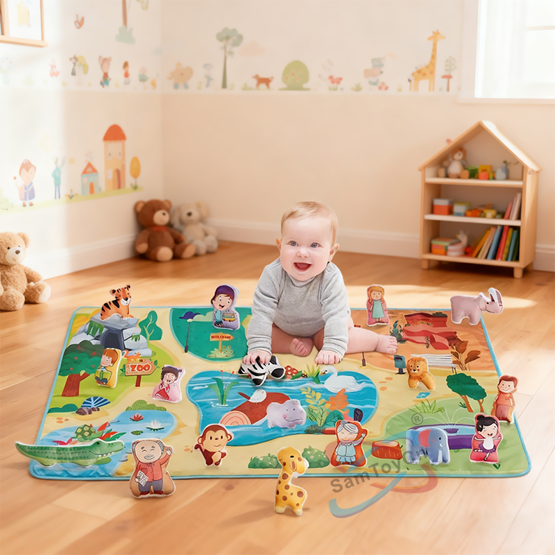 In a warm-toned children's room, a child dressed in gray sits smiling on a Baby Play Mat, playing with a zebra toy in their hands
