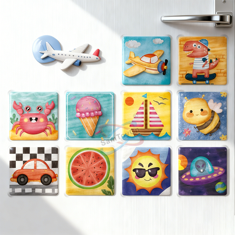 Ten different refrigerator magnets and an airplane-shaped magnet are stuck on the refrigerator