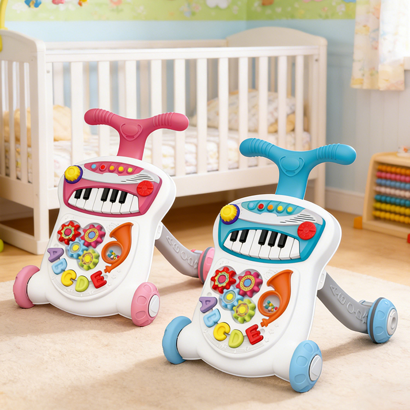 Two Piano Board Baby Walkers in cyan and pink sit on the white carpet in the nursery