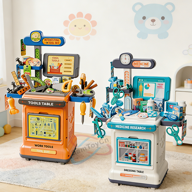 An orange tool bench play set and a white doctor play set sit on the carpet in the children's room