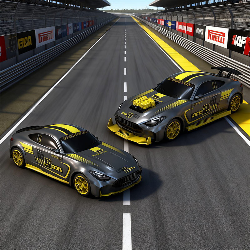 Remote-controlled cars and modified remote-controlled cars racing on the track