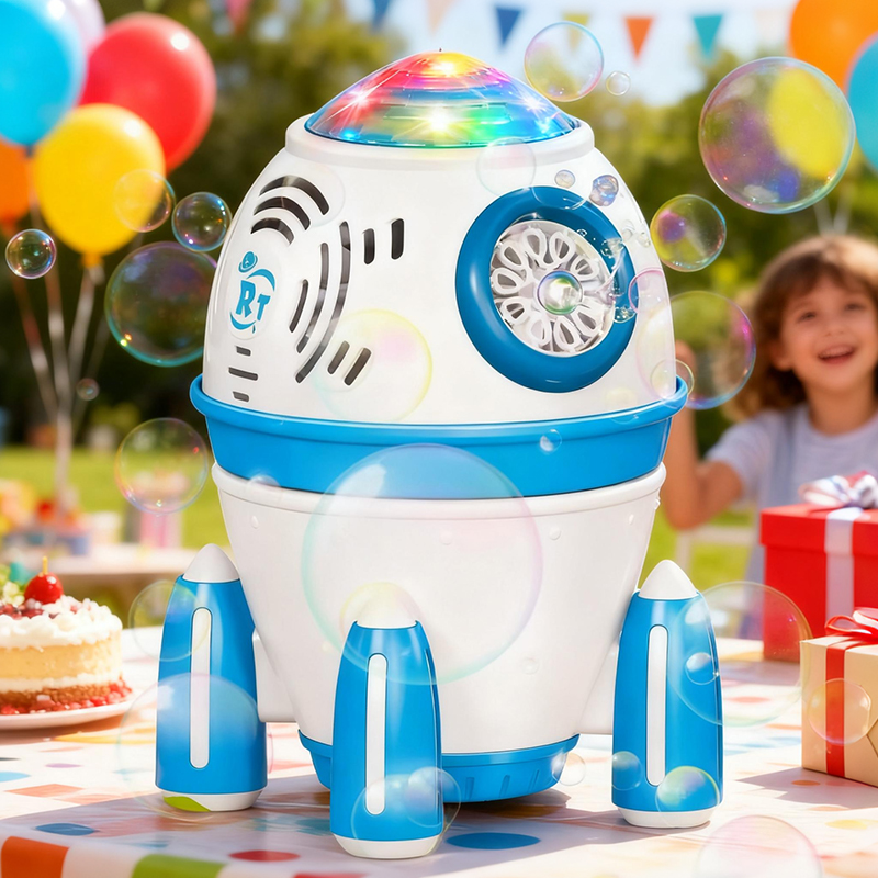 The blue rocket bubble machine glows on the outdoor dining table and sprays bubbles
