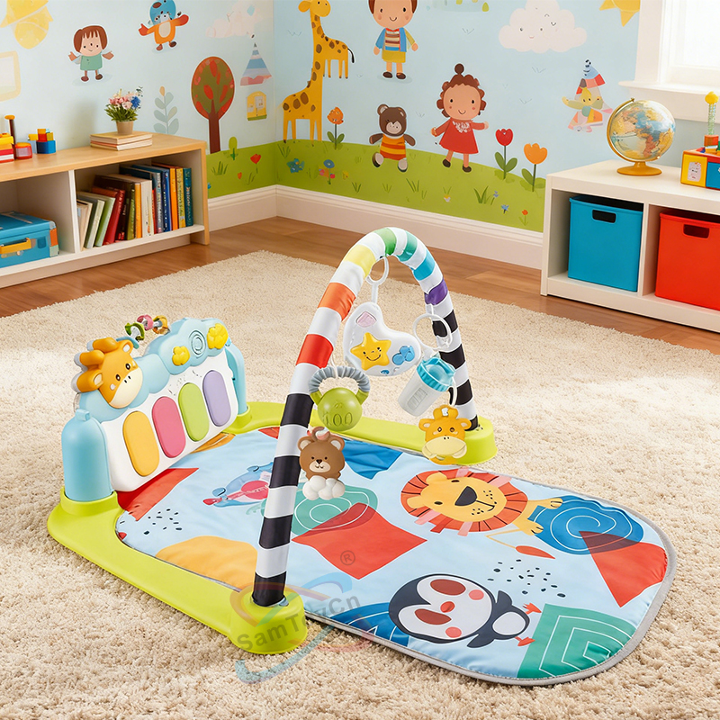 The Baby Pedal Piano Fitness Blanket was placed on the white carpet in the children's room