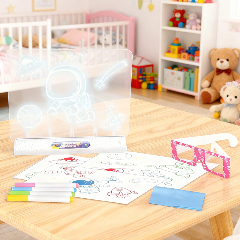 The 3D Drawing Board is placed on the wooden desk in the children's room.