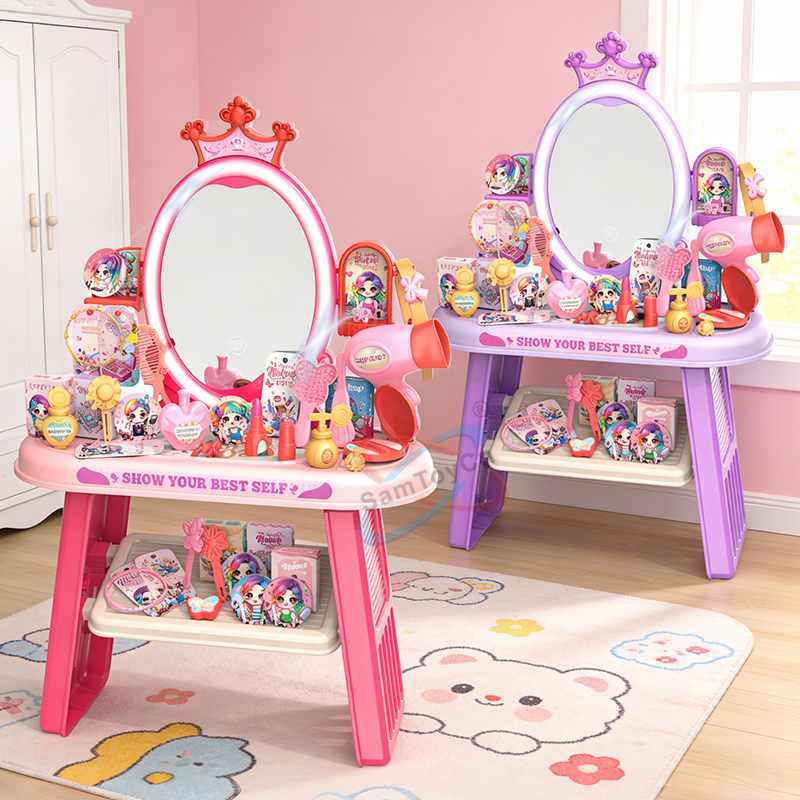 A pink and a purple Crown Dressing Table, both glowing, stand in the pink children's room