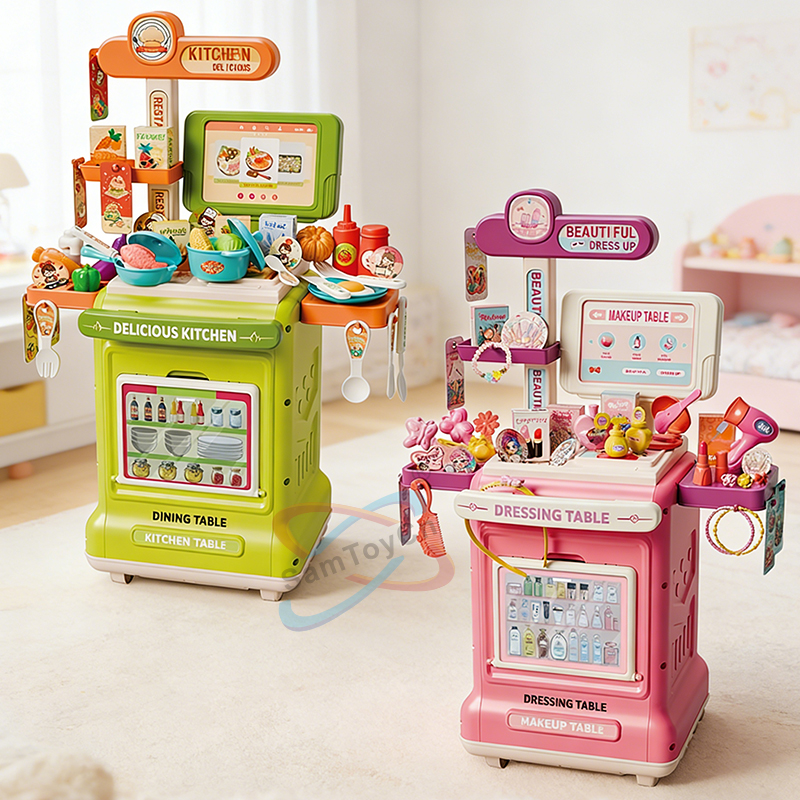 A green and a pink Play House Kitchen Cart Set sits on the white carpet in the children's room