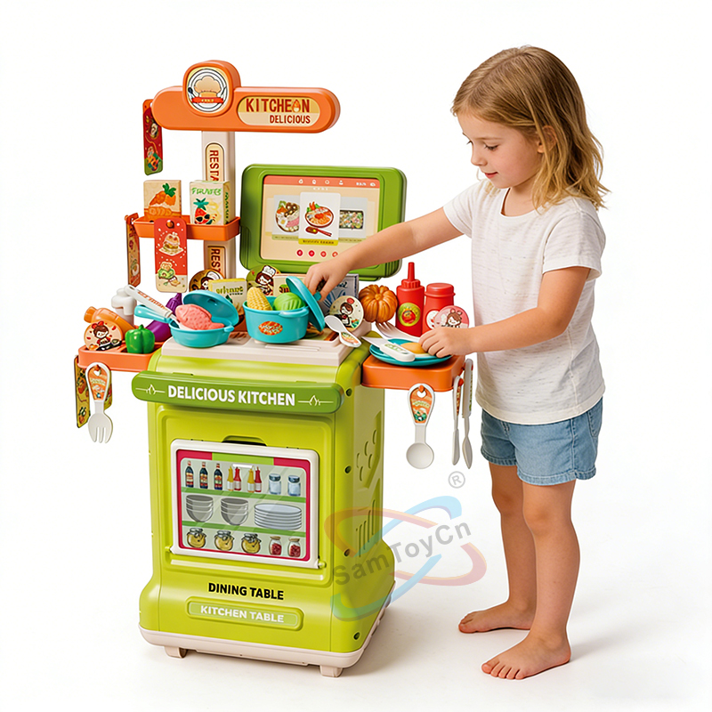 A little girl in a white dress is playing with a green Play House Kitchen Cart Set toy