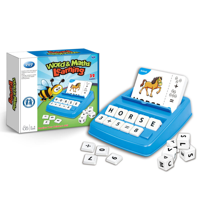 White background detail image of alphanumeric matching toy and packaging
