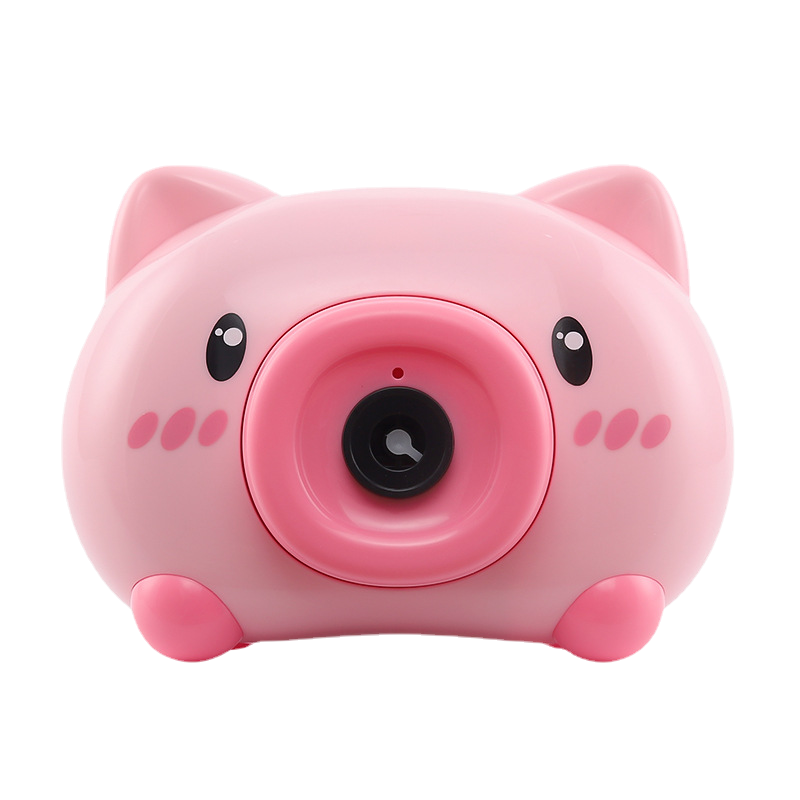Detailed close-up of the front side of the pink pig bubble machine toy on a white background