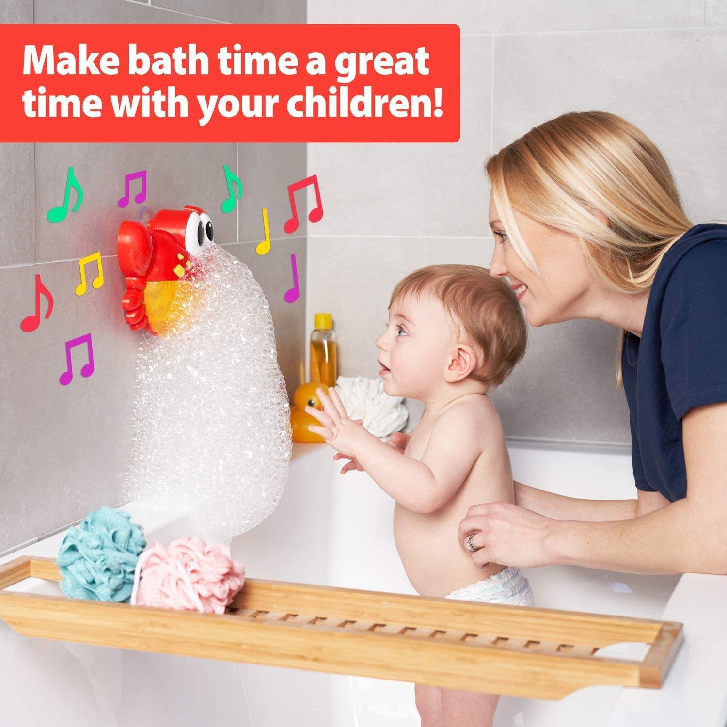 Mother and child are playing with an electric bubble crab in the shower stall