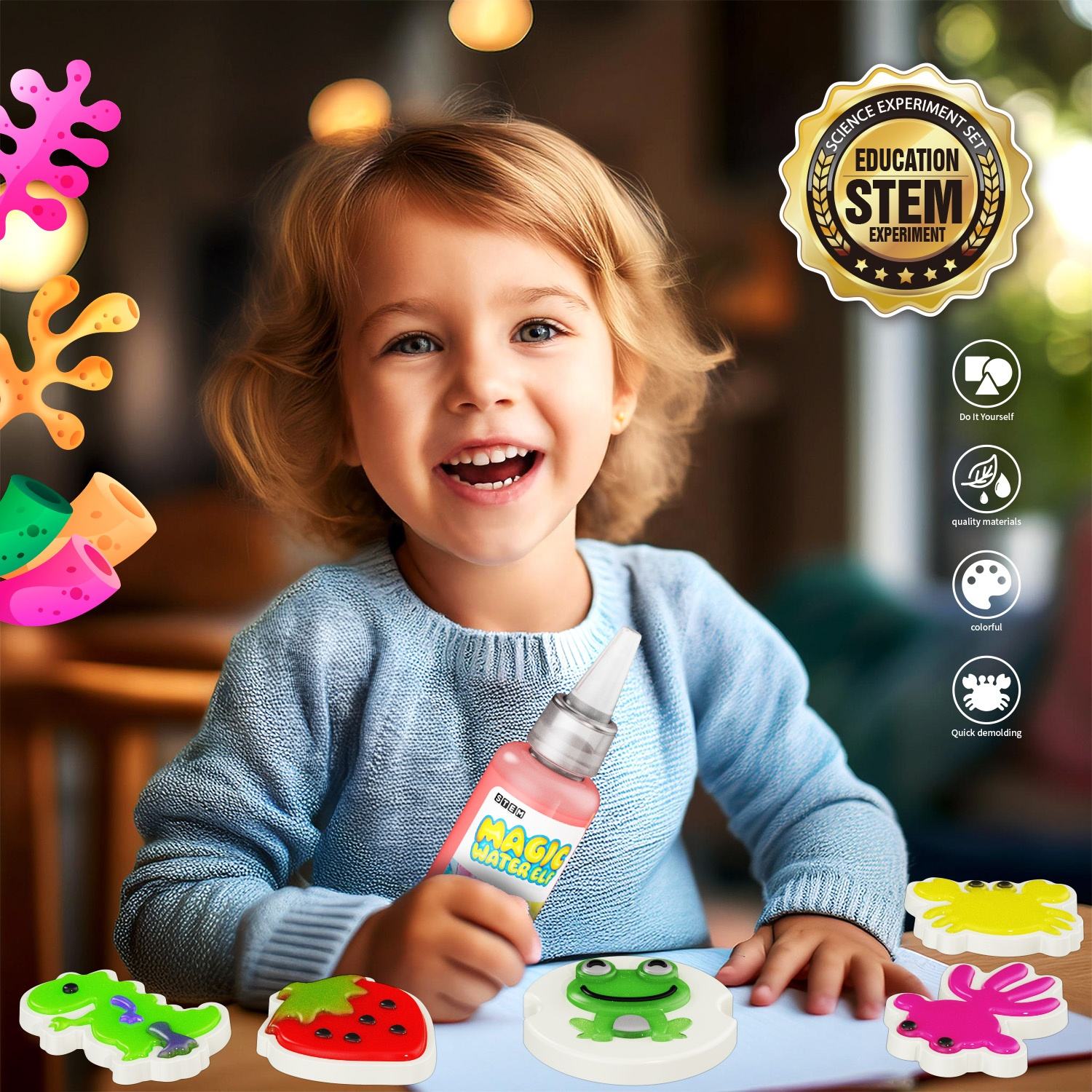A child holds a pink Magic Water Elf kit for crafting various animals and fruits