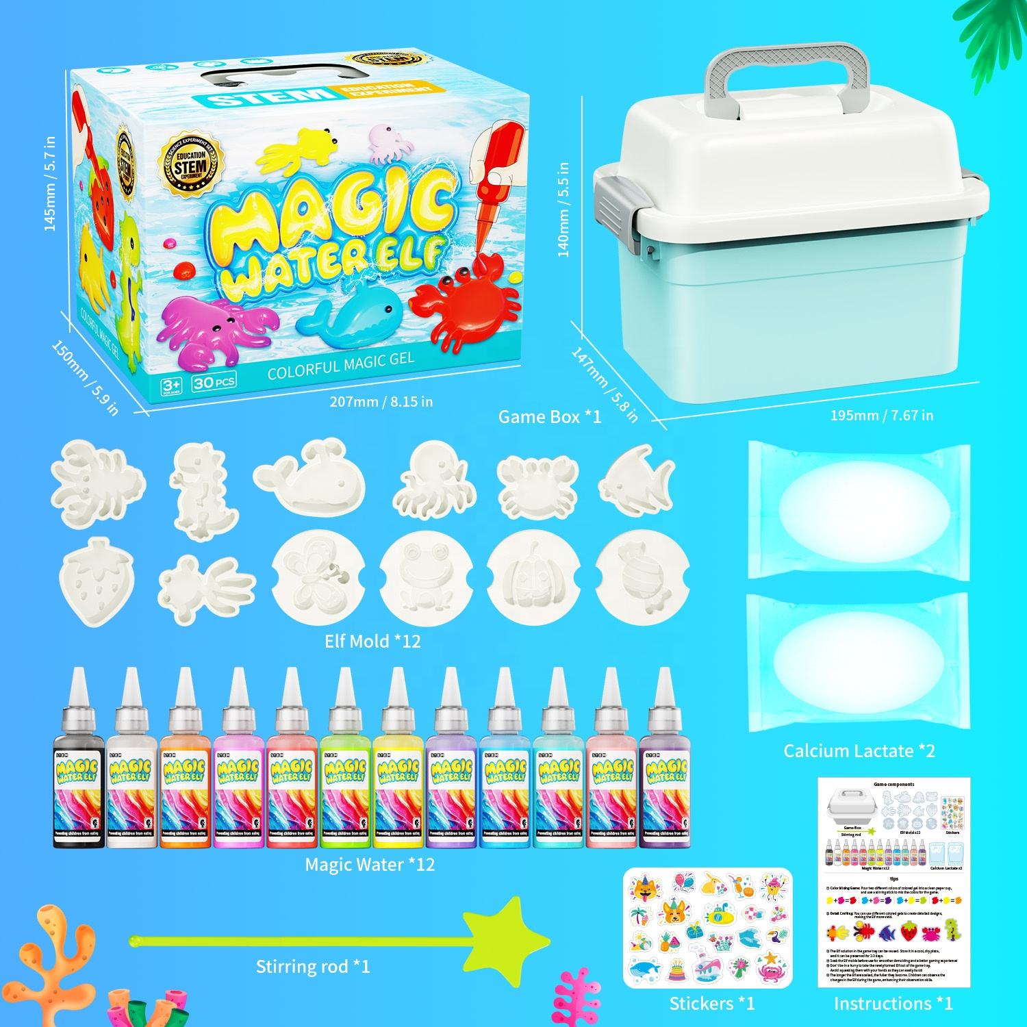 The various materials, outer packaging, and box dimensions for the Magic Water Elf Set