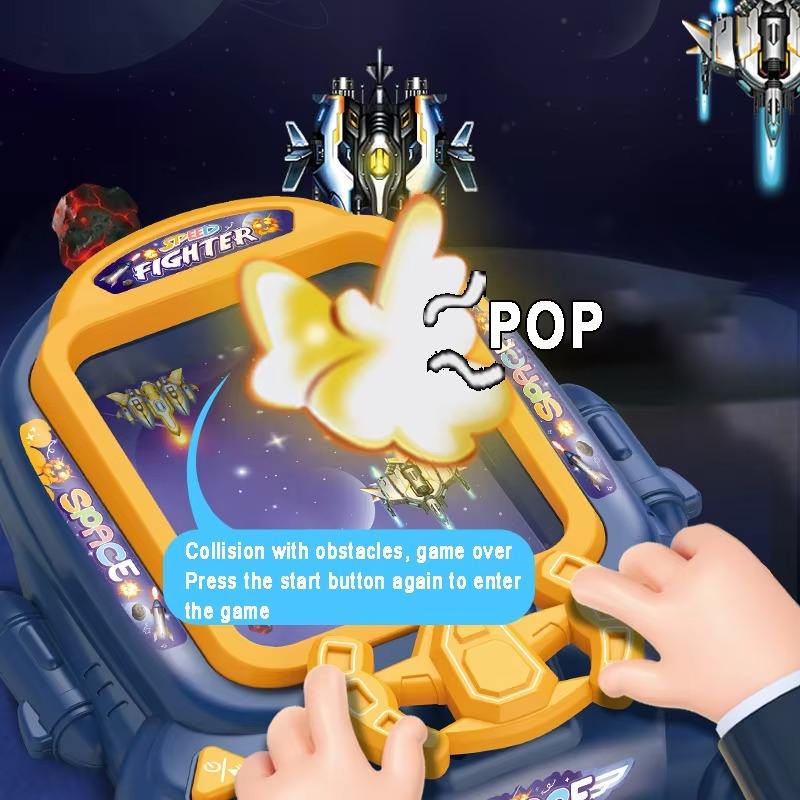 The game ends when the fighter collides with an obstacle. Press the Start button again to re-enter the game