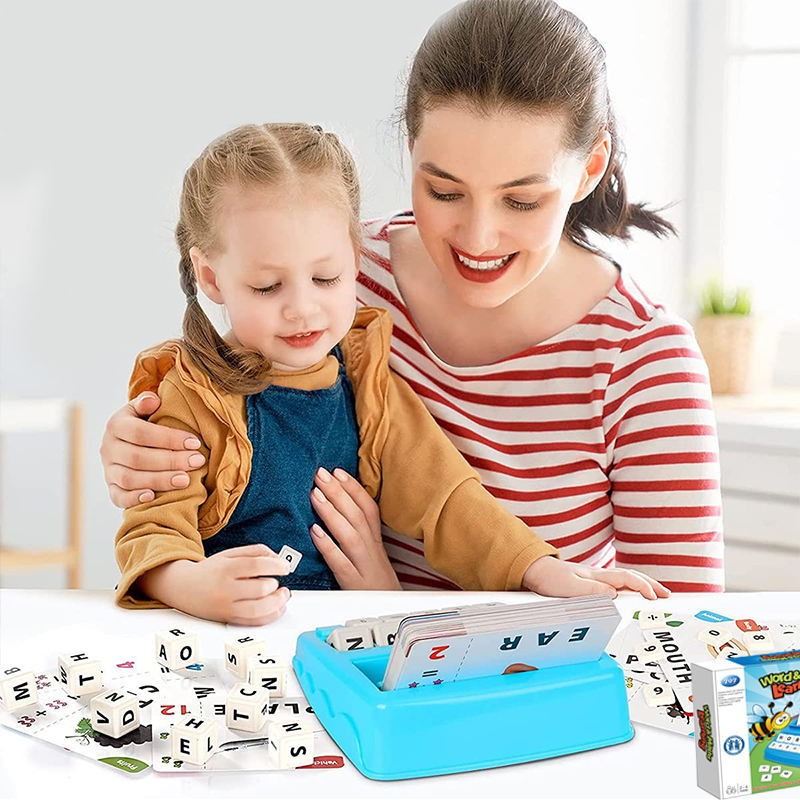 Mother plays with her child at home using an alphabet and number matching toy