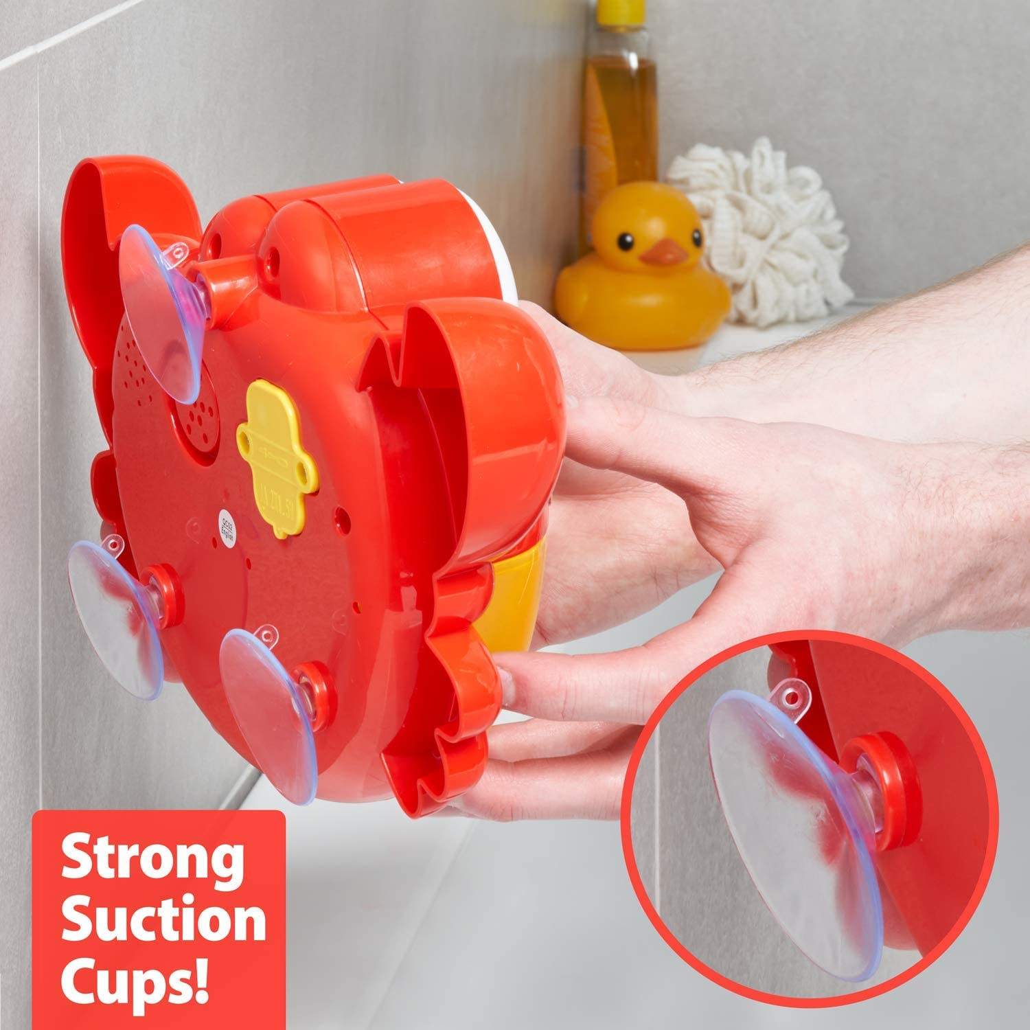 The back of the electric bubble crab toy features three powerful suction cups for securing it to walls