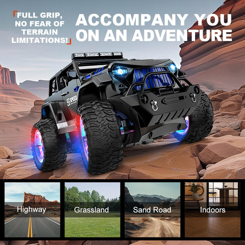 The Spray Off-Road Simulation Remote Control Vehicle can traverse various terrains including highways, grasslands, sandy roads, and indoor environments