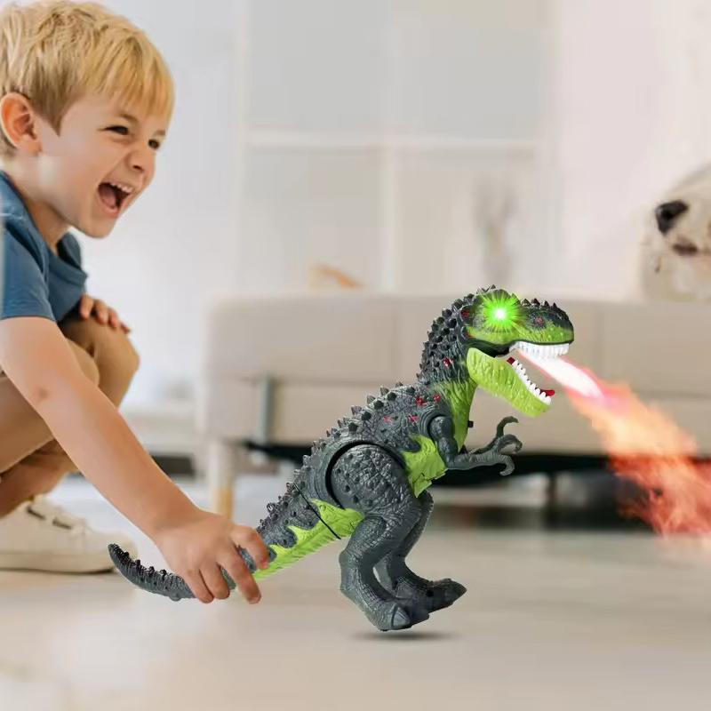 A little boy holds a toy Tyrannosaurus rex that is spewing flames