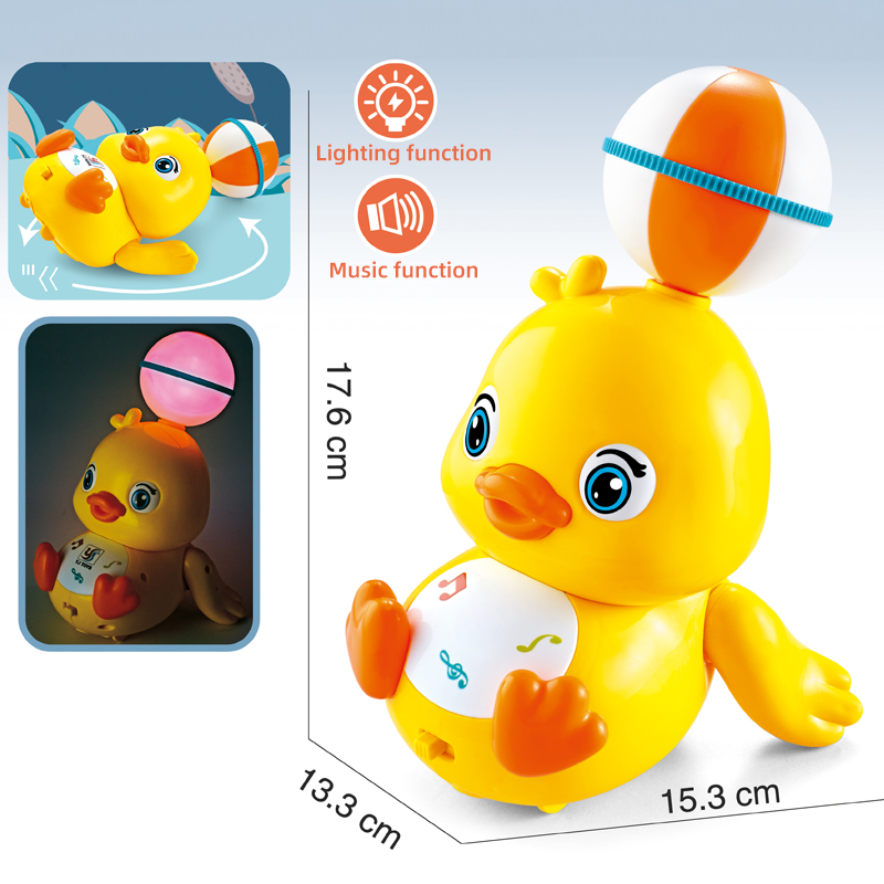 The yellow Stunt Head Duck toy can lie down and spin, making sounds, while the ball on its head also lights up