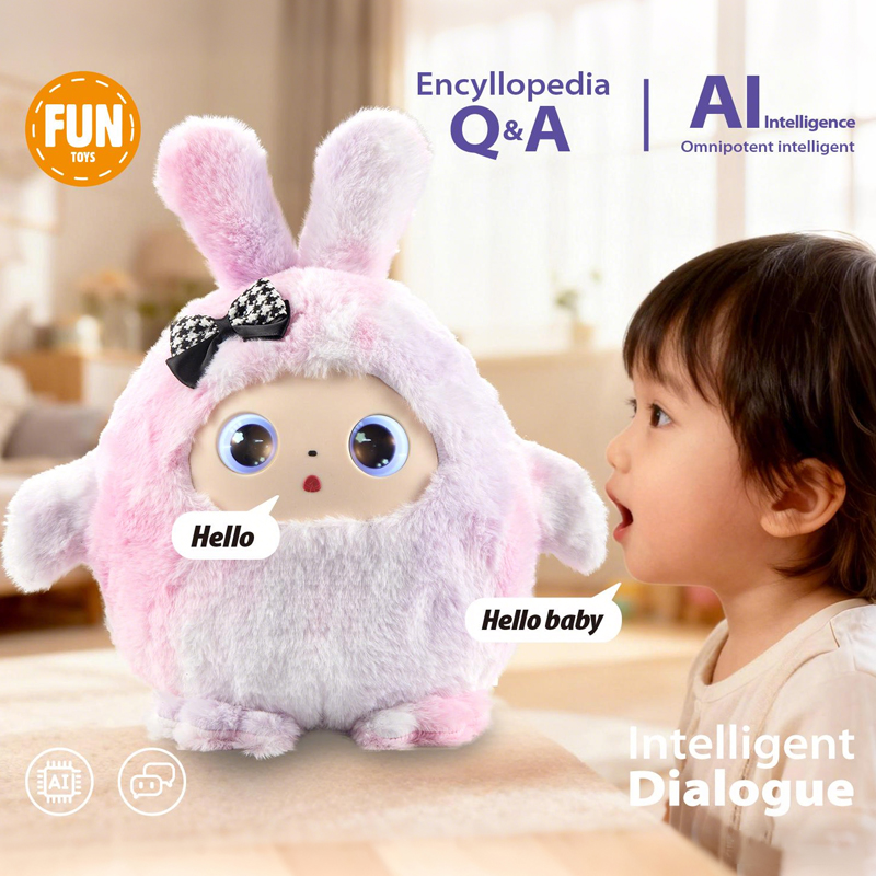 A child is conversing with a pink AI Intelligent Conversation Plush Doll