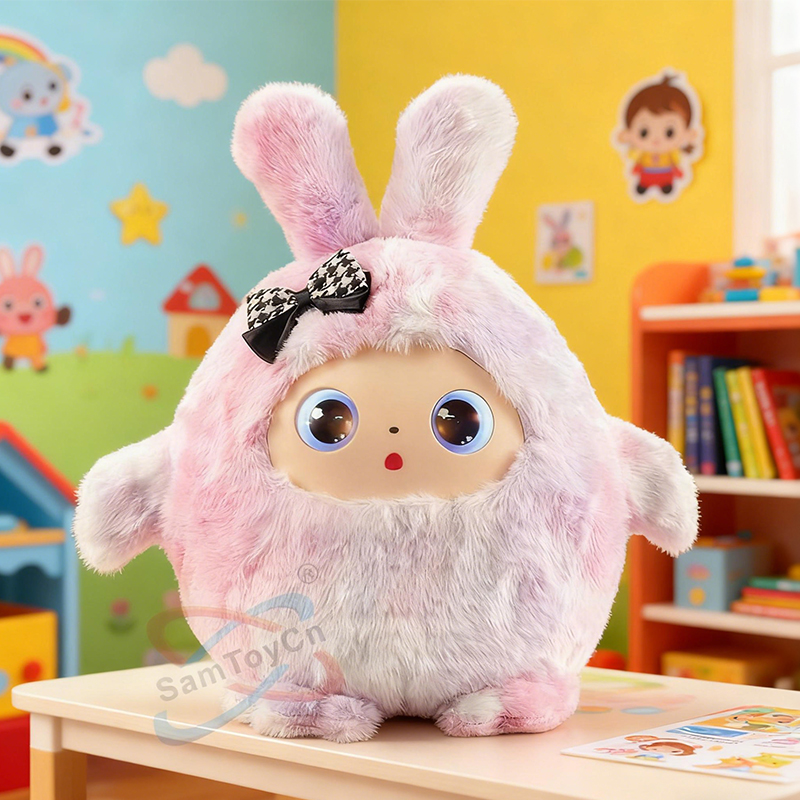 A pink AI Intelligent Conversation Plush Doll sits on the desk in the children's room
