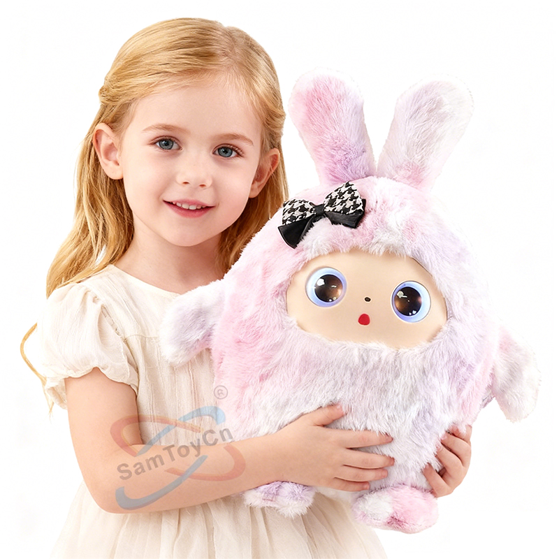 A little girl in a beige dress smiles as she hugs a pink Ai Intelligent Conversation Plush Doll