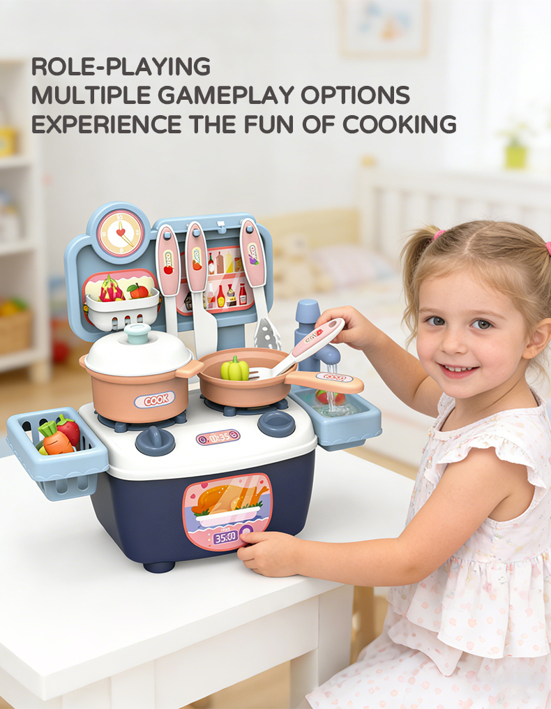 A little girl is playing with a blue 28 cm Kitchen toy on the table in the room