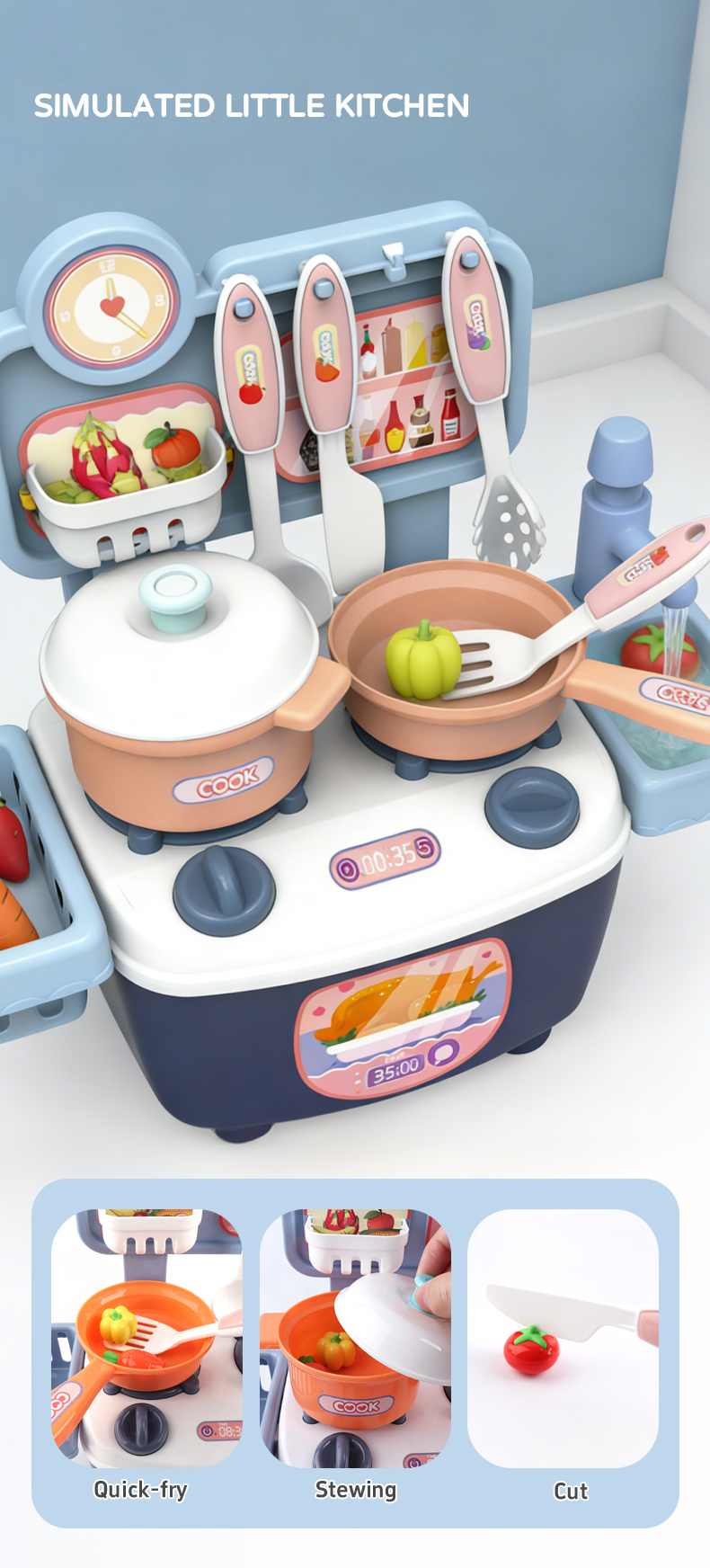 The blue 28 cm Kitchen toy realistically simulates cooking in the kitchen