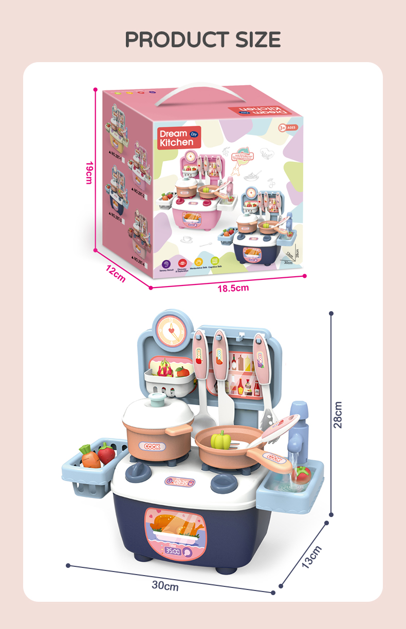 Dimensions of the blue 28 cm Kitchen toy and its outer packaging