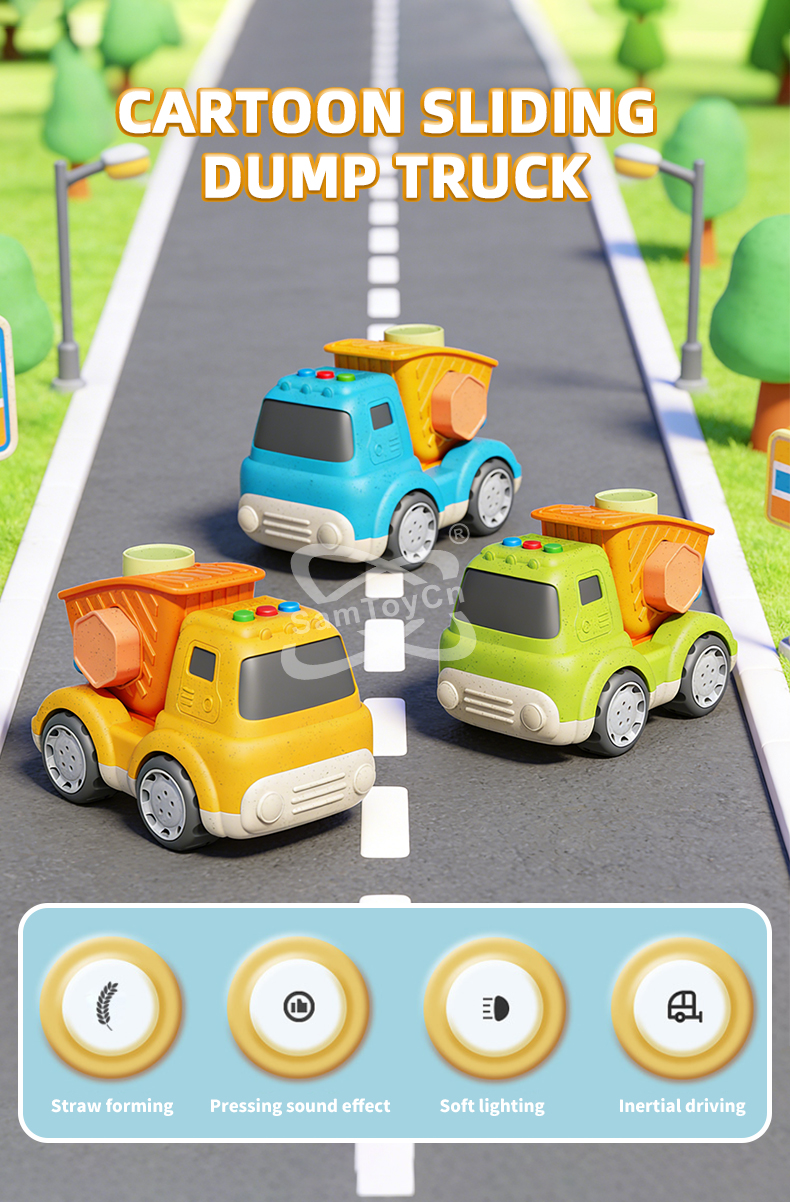 Yellow, green, and blue straw-textured building block trucks on a country road