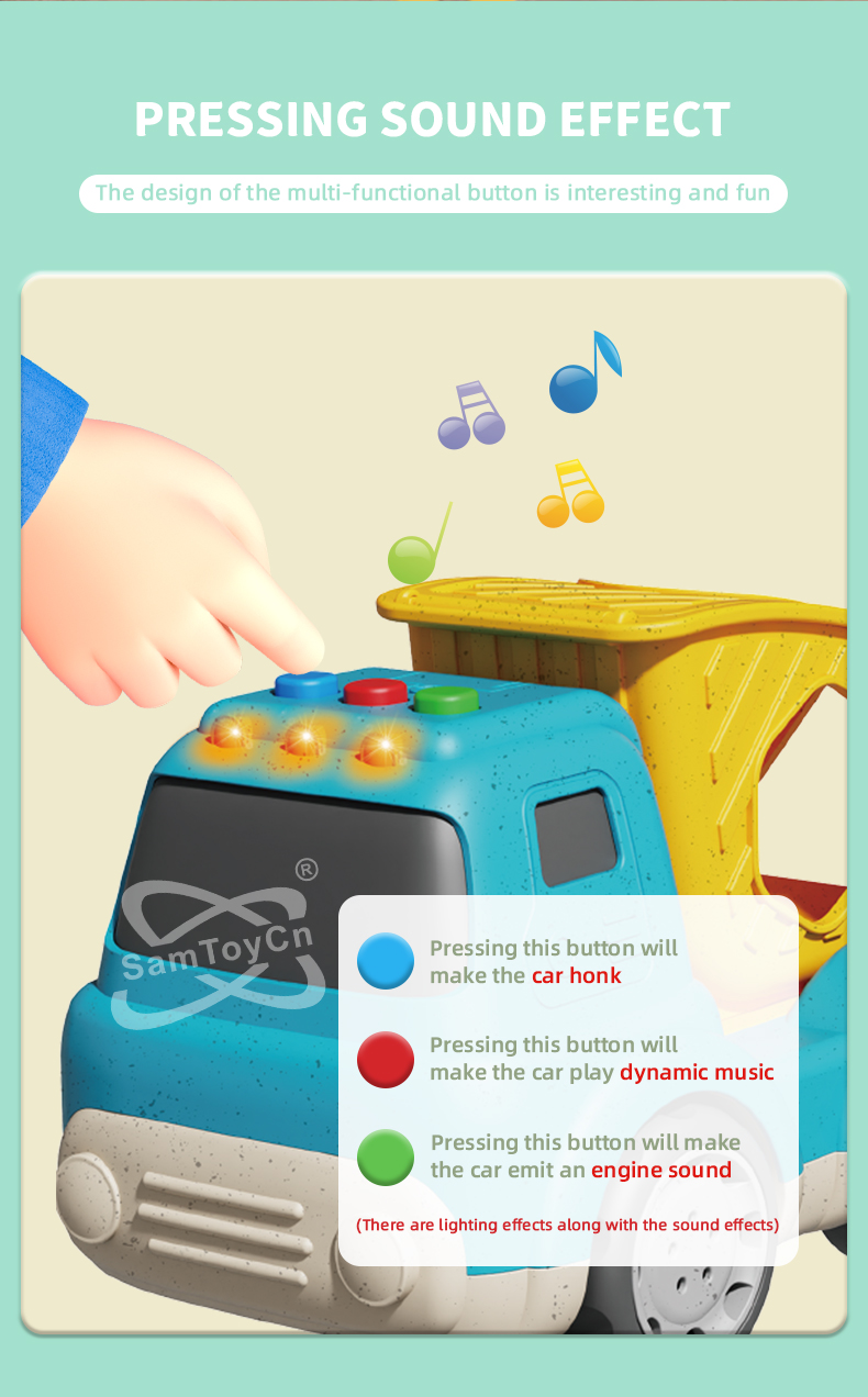 Straw Building Blocks Dump Truck toy features multi-function buttons in blue, red, and green that emit different sounds and music