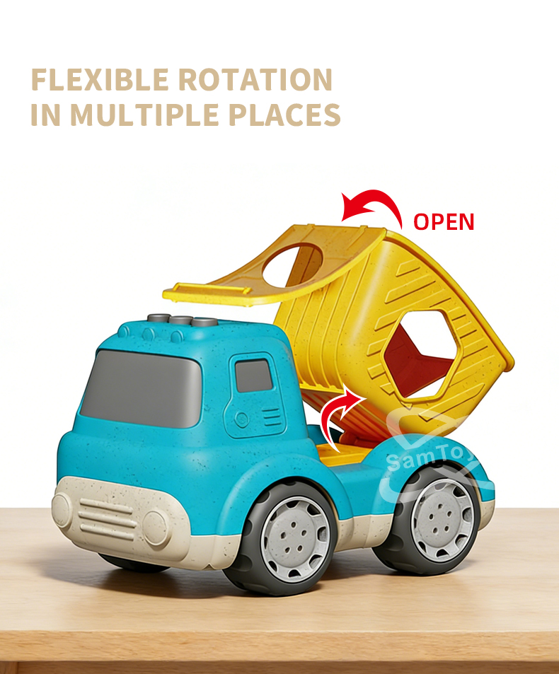 The dump truck toy's rear bed can open in other directions or rotate flexibly