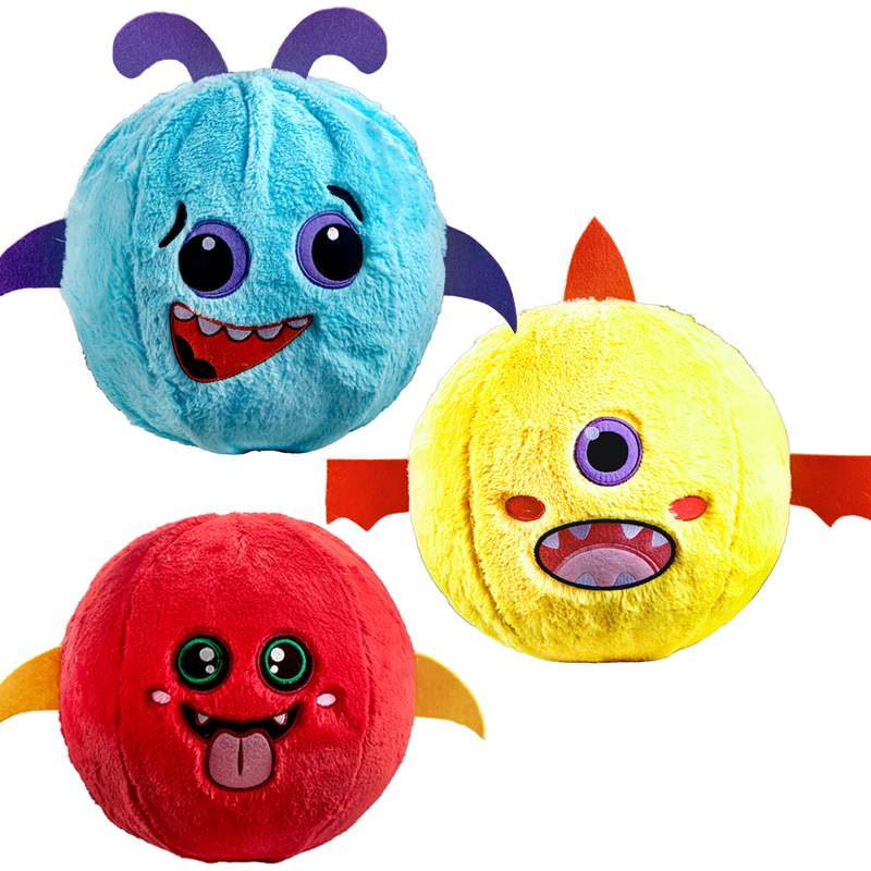 Small Size Devil Plush Ball in three different expressions: blue, yellow, and red
