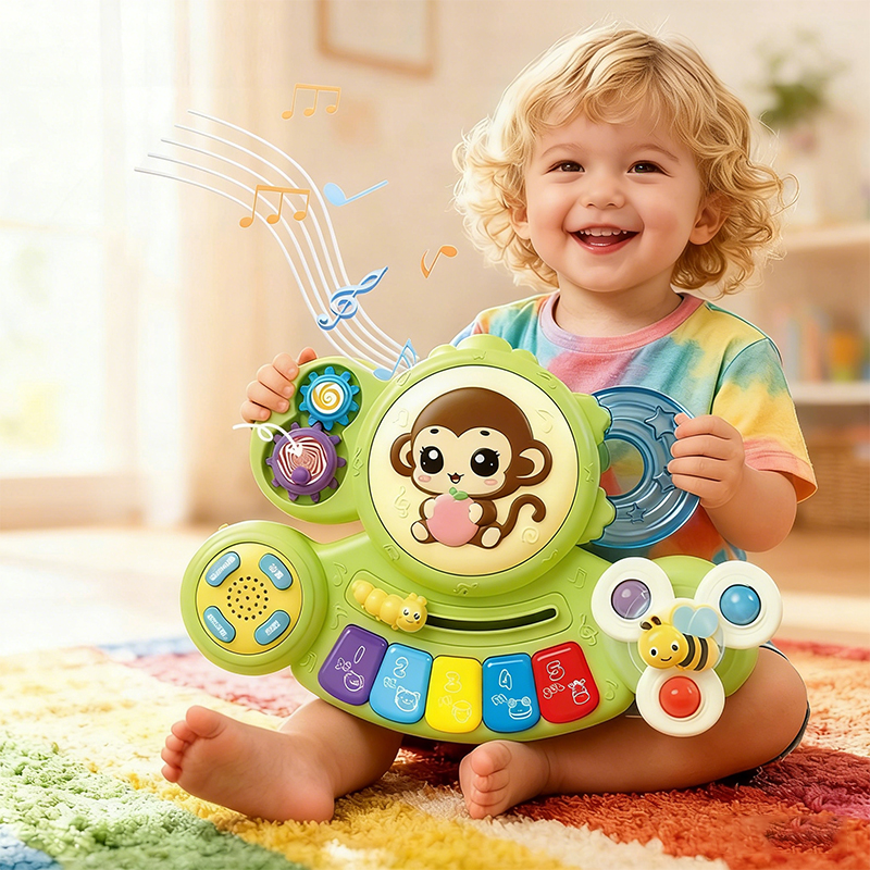 A child sits on the carpet playing with a green Multifunctional Animal Music Piano Drum