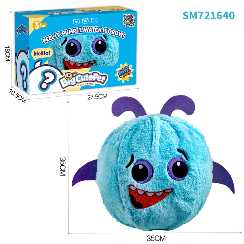 Dimensions of the blue Small Size Devil Plush Ball product and its outer packaging