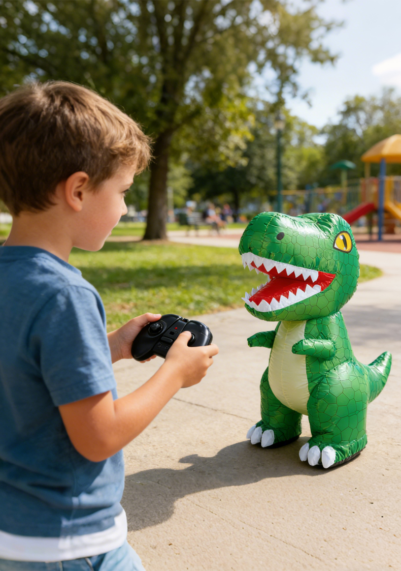 A little boy is playing with an inflatable dinosaur in the park, holding the handle