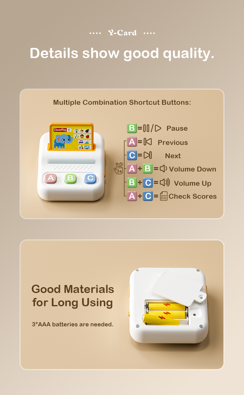 Clever Play Desktop Player Button Functions and Battery Size Guide